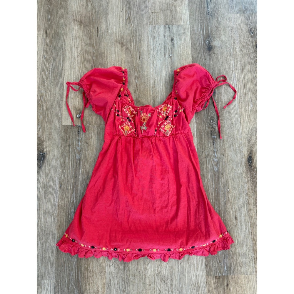 Mini Babydoll Dress Womens L Red Milkmaid Puff Sleeve Boho Cottagecore Prairie
